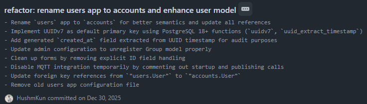 An example of a conventional commit showing type scope and description